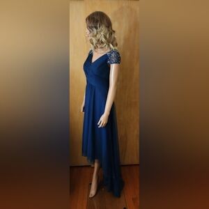 JJs House Elegant Navy Blue Dress with Sequined Sleeves